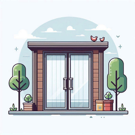 Vector illustration of a wooden house in the city. Cartoon style.のイラスト素材
