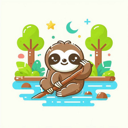 Cute cartoon sloth on the river bank. Vector illustration.のイラスト素材