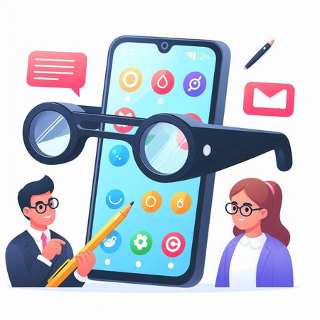 Smartphone with mobile phone and magnifying glass. Vector illustration in cartoon styleのイラスト素材