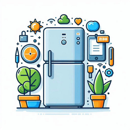 Modern flat design vector illustration concept of home appliances. Refrigerator, fridge, coffee cup, sofa, plant, clock, alarm clock, lamp.のイラスト素材