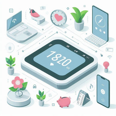 Flat 3d isometric vector illustration of a smartphone, laptop, piggy bank, calculator and clockのイラスト素材