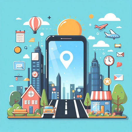 Smartphone with city map and icons. Vector illustration in flat styleのイラスト素材