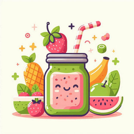 Fruit smoothie in a jar. Colorful flat vector illustration.のイラスト素材