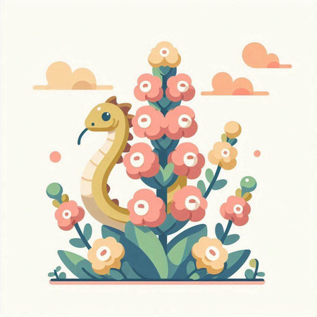 Cute cartoon snake with flowers. Vector illustration in flat style.のイラスト素材