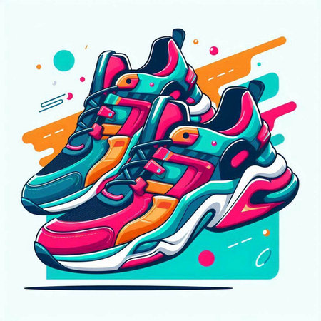 Vector illustration of sneakers on abstract colorful background. Sport and active lifestyle.のイラスト素材