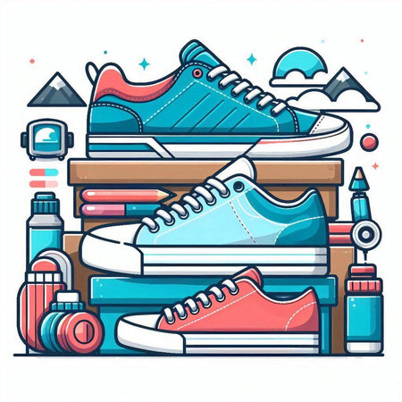 Sneakers and travel equipment on white background. Vector illustration.のイラスト素材