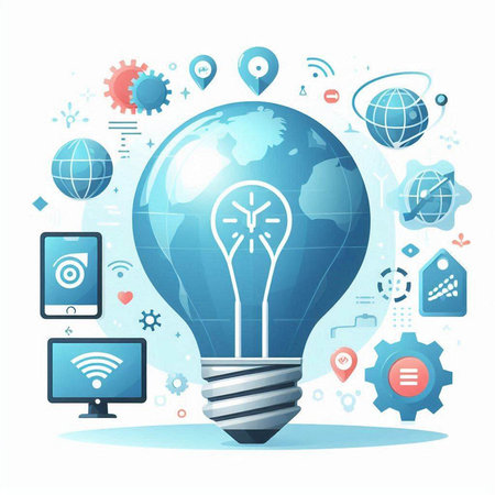 Glowing light bulb with business icons on white background, vector illustrationのイラスト素材