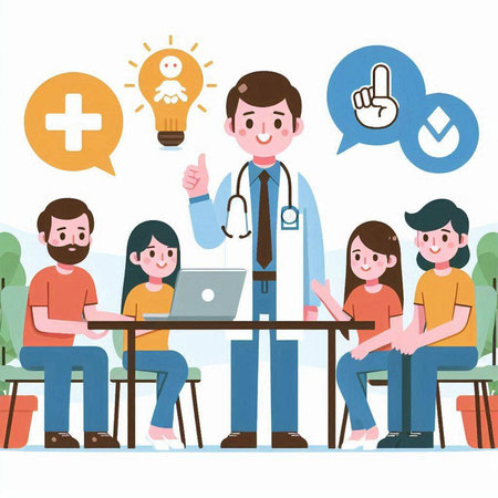 Vector illustration of a doctor talking to his family and showing thumbs upのイラスト素材