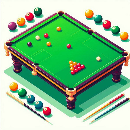 Vector illustration of billiard table with balls, cue and balls.のイラスト素材