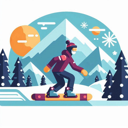 Snowboarder riding a snowboard in the mountains. Vector illustrationのイラスト素材
