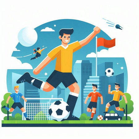 Soccer player in action on the field. Flat style vector illustration.のイラスト素材