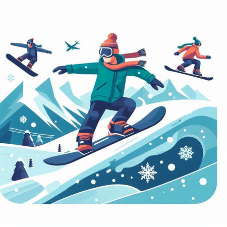 Snowboarder in winter sport activity. Vector flat cartoon illustration.のイラスト素材