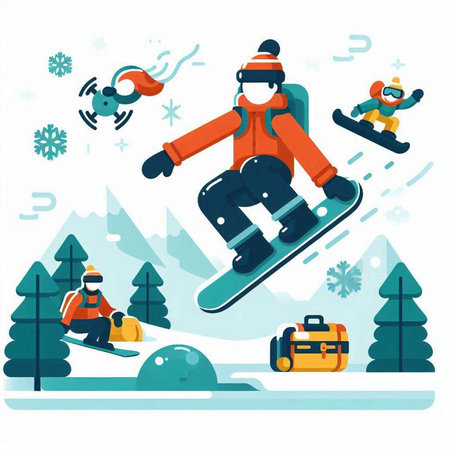 Snowboarders, snowboarders, snowboarders, snowboarders. Flat design vector illustration.のイラスト素材