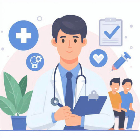 Doctor with stethoscope and patient. Vector illustration in flat styleのイラスト素材