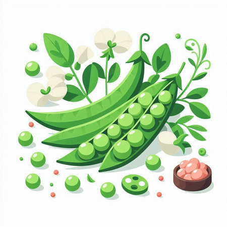 Peas and pea pods with green leaves. Vector illustration.のイラスト素材