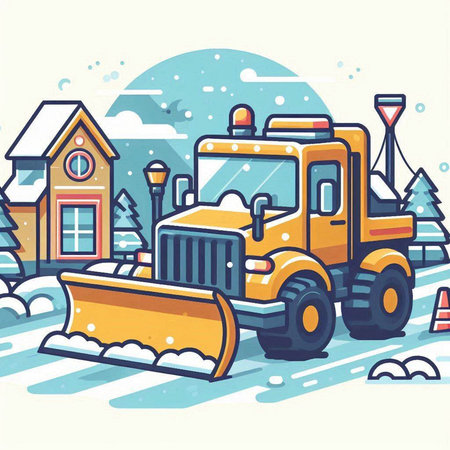 Vector illustration of a snowplow in the snow and a houseのイラスト素材