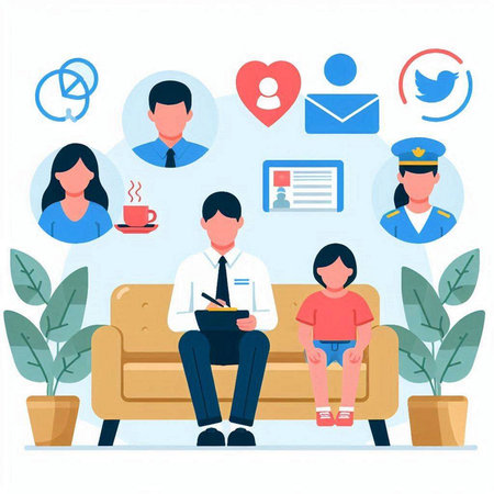 People sitting on sofa with social media icons. Flat vector illustration.のイラスト素材