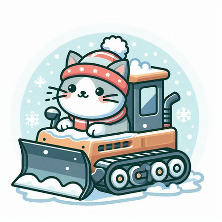 Cute cat with snow plow on a white background. Vector illustration.のイラスト素材