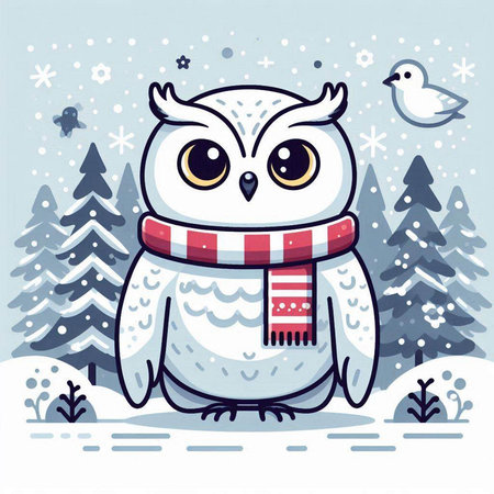 Cute cartoon owl with scarf on winter background. Vector illustration.のイラスト素材