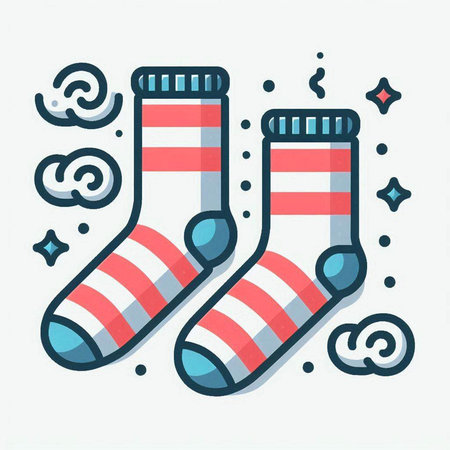 Vector illustration of pair of socks with stripes and dots in flat style.のイラスト素材