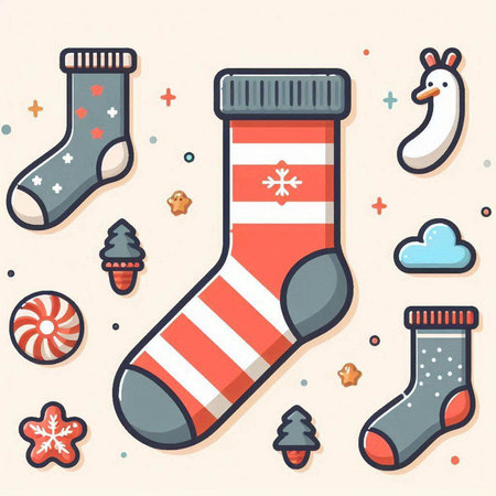 Christmas and New Year vector set with socks, christmas tree, snowflakes, candies, snowman, deer. Vector illustration.のイラスト素材