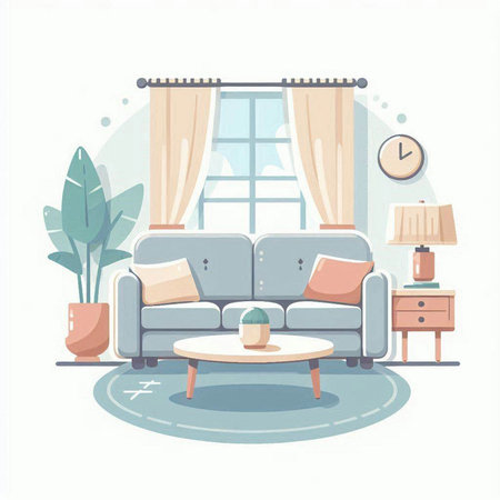 Living room interior with sofa, coffee table, plants and window. Flat vector illustration.のイラスト素材