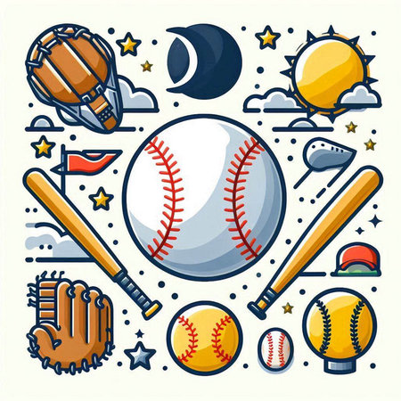 Baseball icon set with ball, bat, helmet and other elements.のイラスト素材