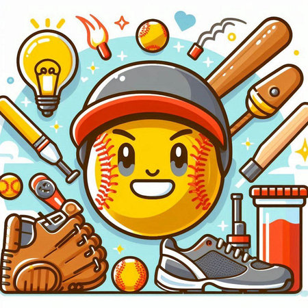 Illustration of a Cartoon Baseball Mascot Character with Tools and Equipmentのイラスト素材