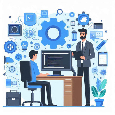 Programmer and programmer working at office. Software development, coding and programming concept. Vector illustration in flat styleのイラスト素材