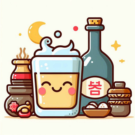 Illustration of a kawaii sake glass character with various ingredientsのイラスト素材