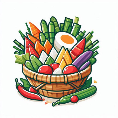 Noodle soup with vegetables and seafood in bowl. Vector illustration.のイラスト素材