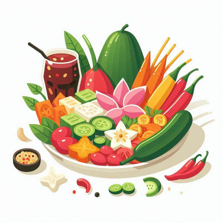 Vegetable salad with tomato, cucumber, onion, carrot, pepper, tomato, cucumber, paprika and mayonnaise. Vector illustrationのイラスト素材