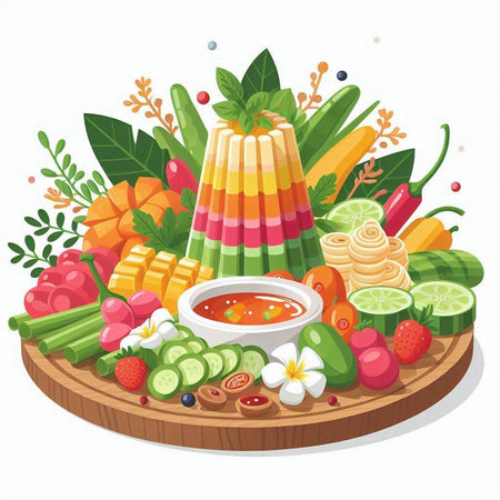 Thai food vector illustration. Traditional asian food on wooden board.のイラスト素材