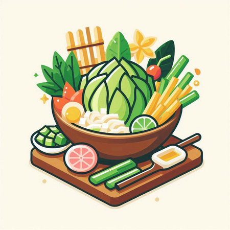 Illustration of a bowl of healthy food with vegetables and herbs.のイラスト素材