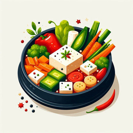 Vegetable salad with tofu, carrot, cucumber, pepper, onion, parsley, parsley, tomato, celery. Vector illustration.のイラスト素材