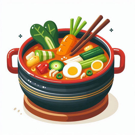 Cartoon vector illustration of Chinese soup with vegetables in a pot.のイラスト素材
