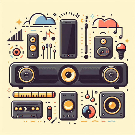 Vector illustration of a collection of different types of audio equipment in flat style.のイラスト素材