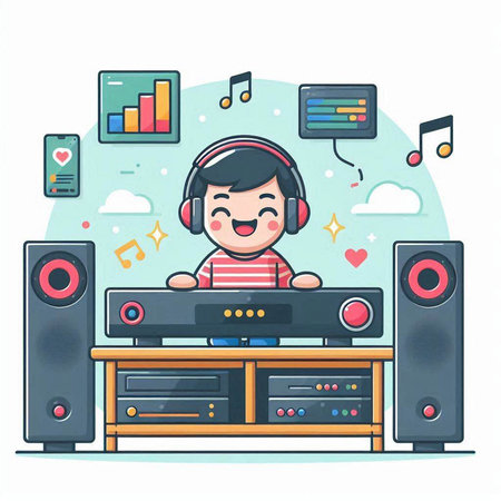Cartoon boy playing music on home stereo system. Vector illustration.のイラスト素材