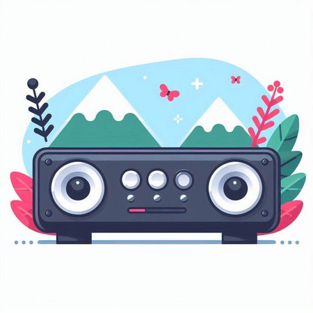 Music speaker with mountains in the background. Flat style vector illustration.のイラスト素材
