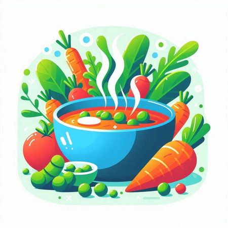 Vegetable soup in a blue bowl with fresh carrots and greens. Vector illustration.のイラスト素材