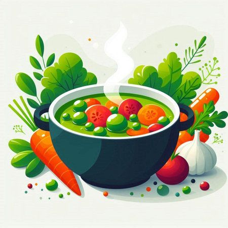 Vegetable soup in a pot with vegetables and herbs. Vector illustration.のイラスト素材