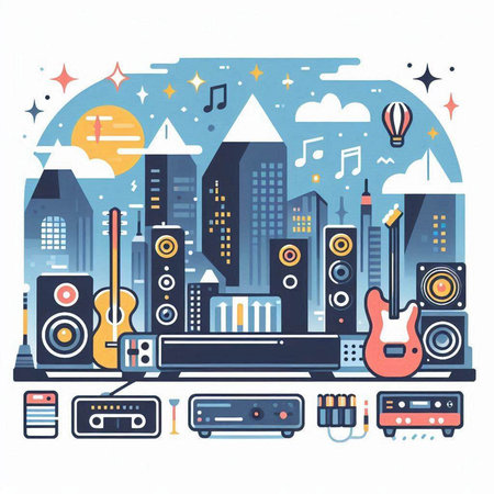 Music instruments. Vector illustration in flat style. Music festival concept.のイラスト素材