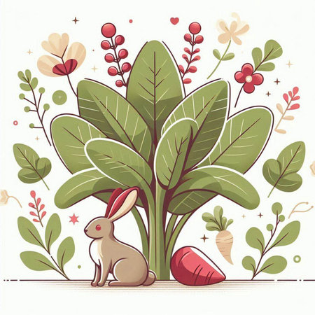 Easter card with rabbit, carrots and flowers. Vector illustration.のイラスト素材