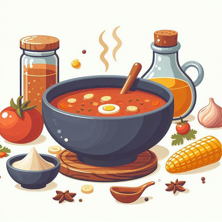 Illustration of a bowl of tomato soup with ingredients in the backgroundのイラスト素材