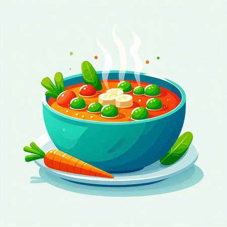 Vector illustration of a bowl of vegetable soup with carrot, parsley and mozzarellaのイラスト素材