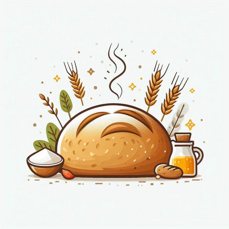 Illustration of bread and wheat on white background. Vector illustration.のイラスト素材