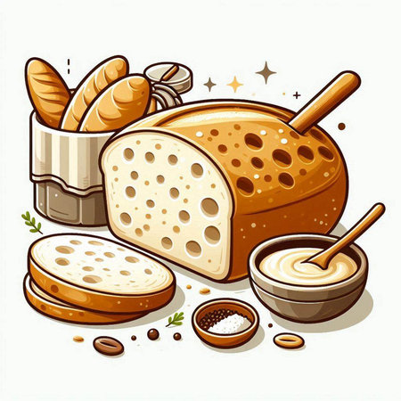 Illustration of a loaf of bread, a bowl of butter, a spoon of honey and bread rollsのイラスト素材