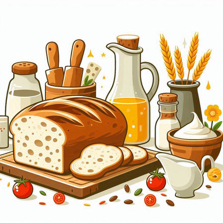Illustration of a set of products for the preparation of bread.のイラスト素材