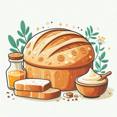 Vector illustration of a loaf of bread with sour cream in a glass jar and ingredients for baking.のイラスト素材