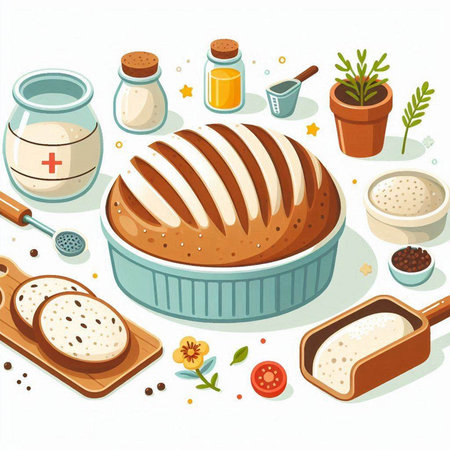 Illustration of a baking tray with bread, salt, butter and spicesのイラスト素材